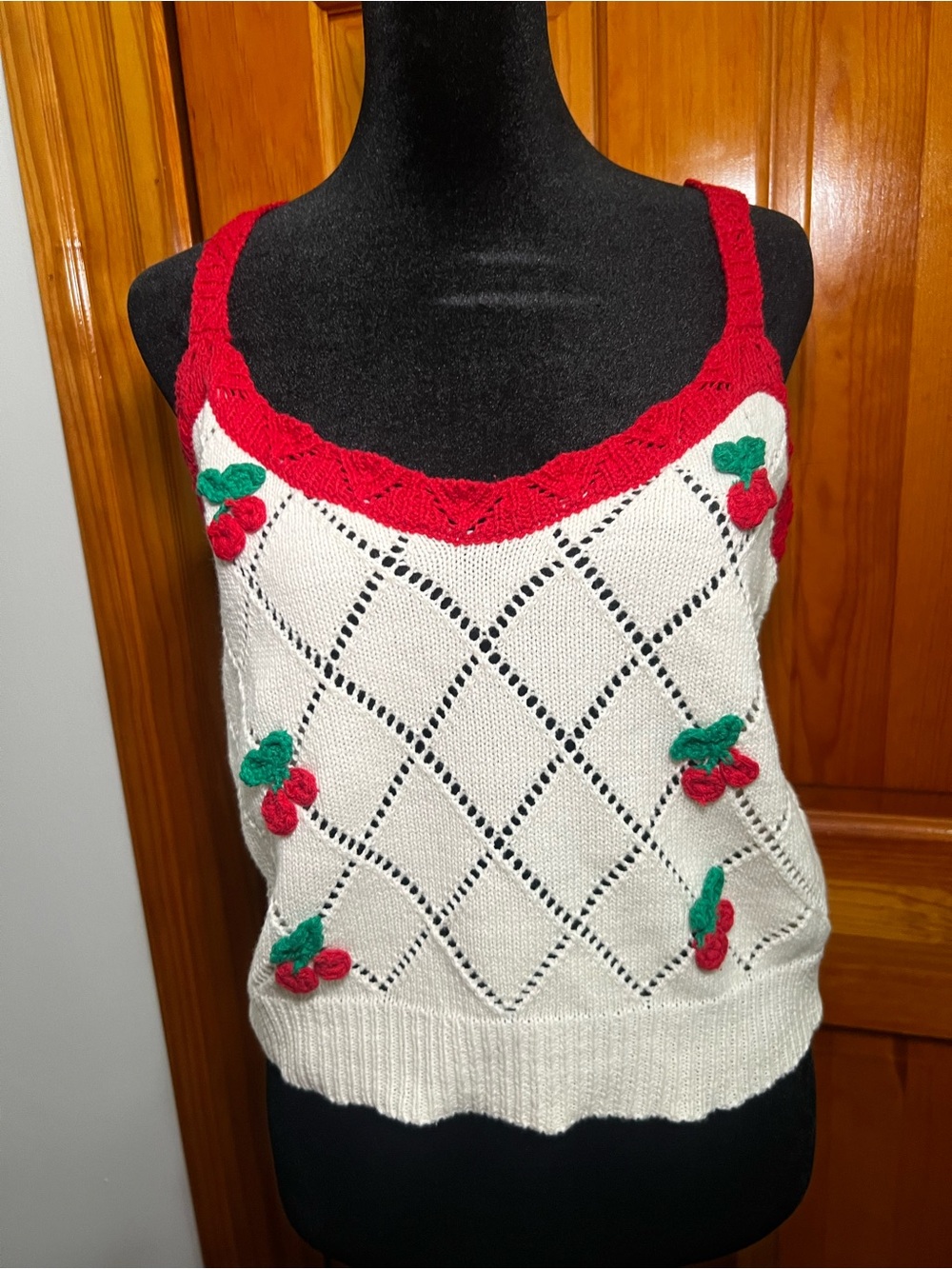 Sugarlips White Knit Cherry Appliqué Tank Top with Red Trim - Picture 2 of 5